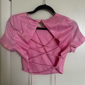 Zara Bubblegum Pink Crop Top with Lace Up Back